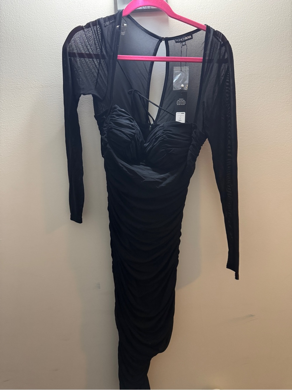 Fashion Nova Black Ruched Mesh-Sleeve High-Low Dress